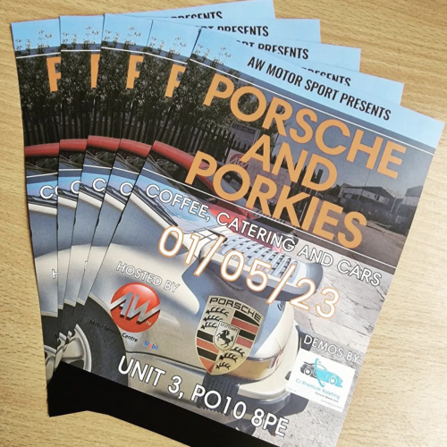 Porsche and porkies AW Motorsport event leaflet